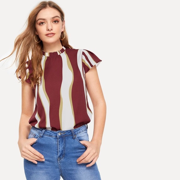 

Frilled Neck Color Block Striped Top