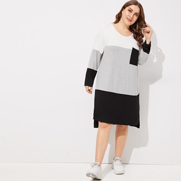 

Plus Pocket Patch Step Hem Color-block Dress