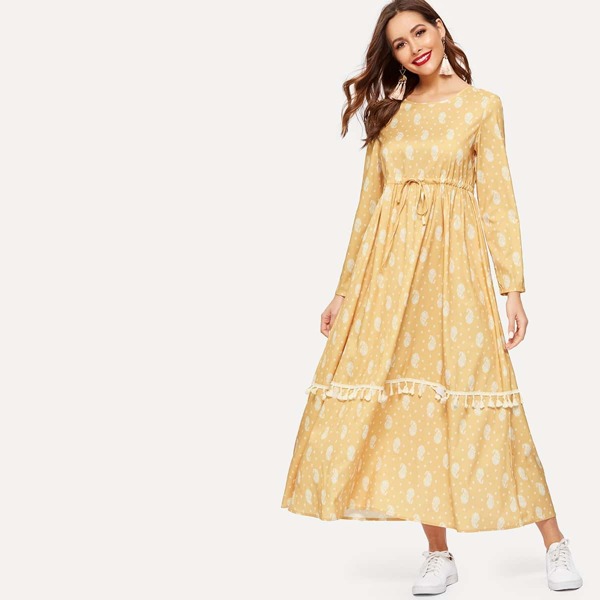 

Drawstring Waist Tassel Hem Paisley Print Dress, Yellow