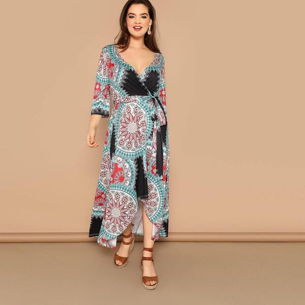 

Plus Scarf Print Surplice Wrap Belted Dress