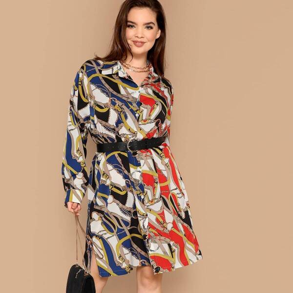 

Plus Chain Print Color-block Dress