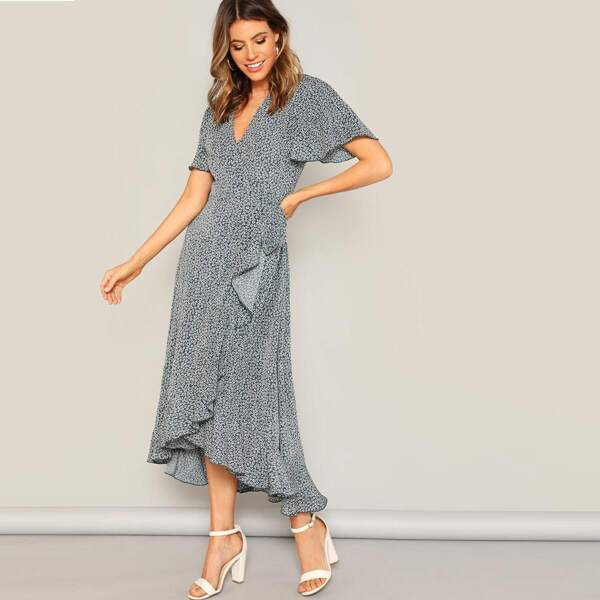 

Flutter Sleeve Ruffle Hem Surplice Ditsy Floral Dress