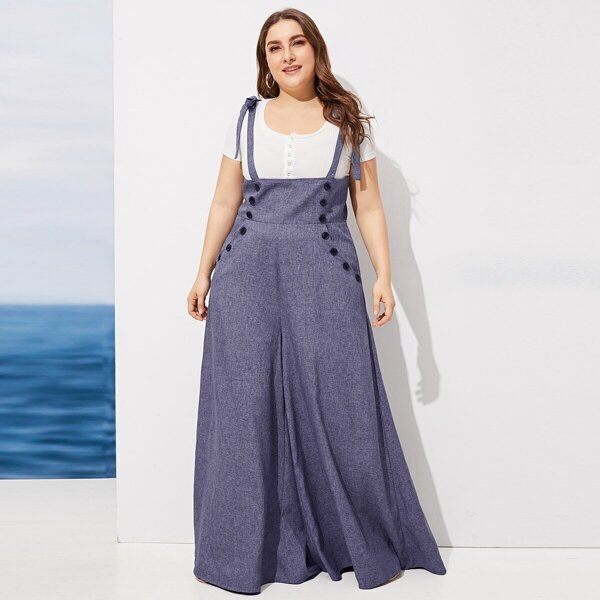 

Plus Shoulder Knot Double Breasted Wide Leg Jumpsuit