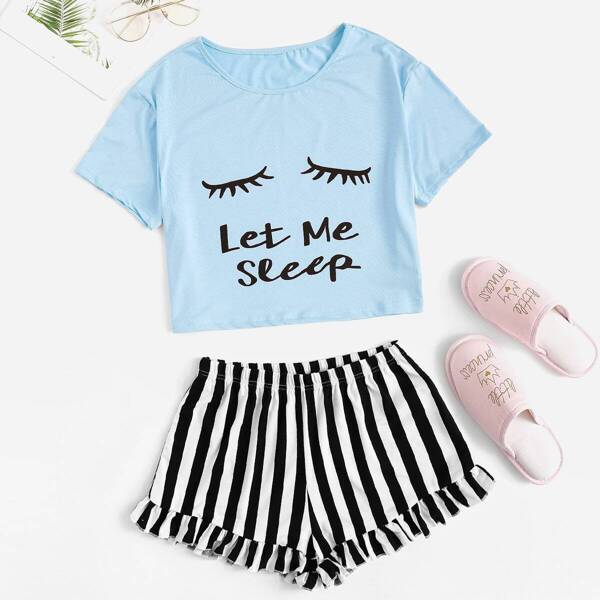 

Letter Print Tee & Striped Ruffle Shorts PJ Set