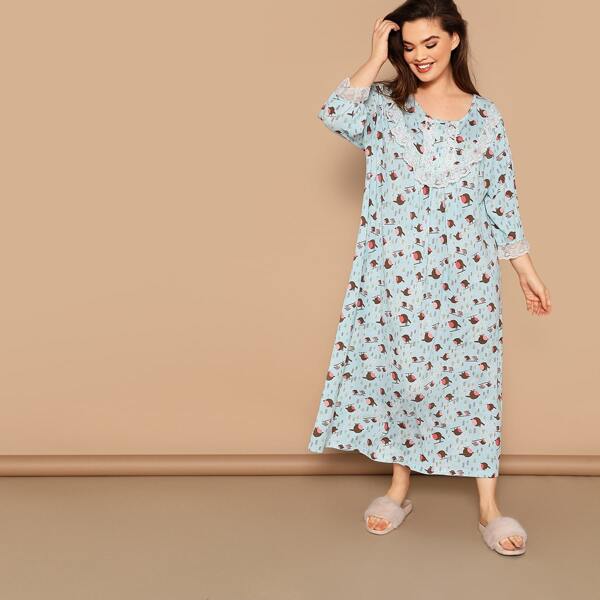 

Plus Lace Insert Allover Cartoon Print Night Dress, Multicolor