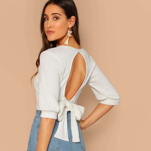

Knot Open Back Rib-knit Tee