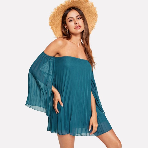 

Slit Sleeve Bardot Pleated Swing Dress