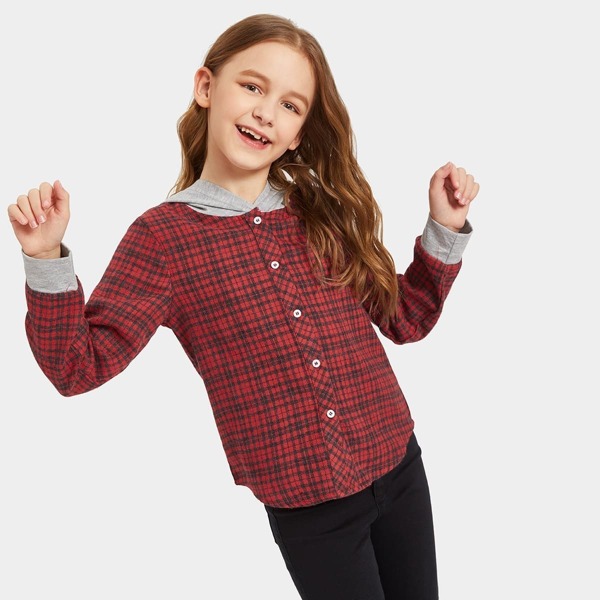

Girls Single Breasted Plaid Hoodie Top