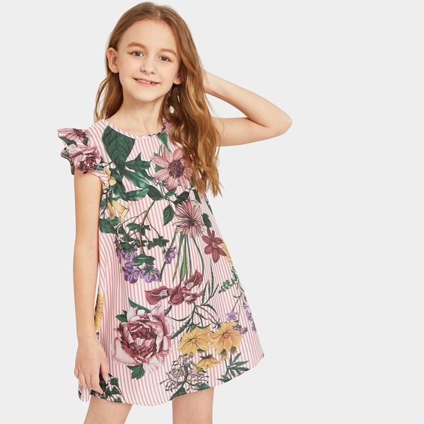

Girls Ruffle Detail Floral Stripe Dress