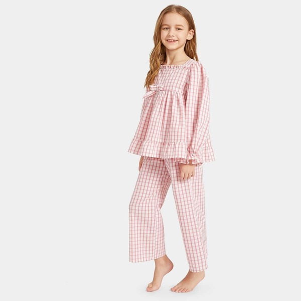 

Girls Bow Detail Ruffle Hem Plaid Top & Pants PJ Set, Pink pastel