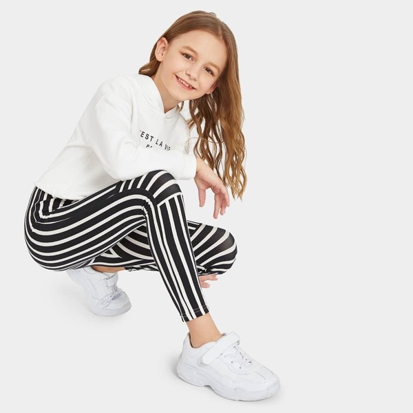 

Girls Mixed Striped Leggings, Black and white