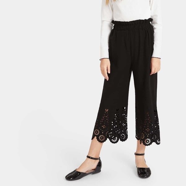 

Girls Elastic Waist Laser Cut Scallop Pants, Black