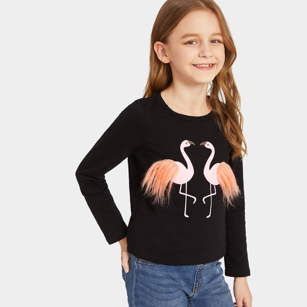 

Girls Flamingo Print Faux Fur Detail Tee