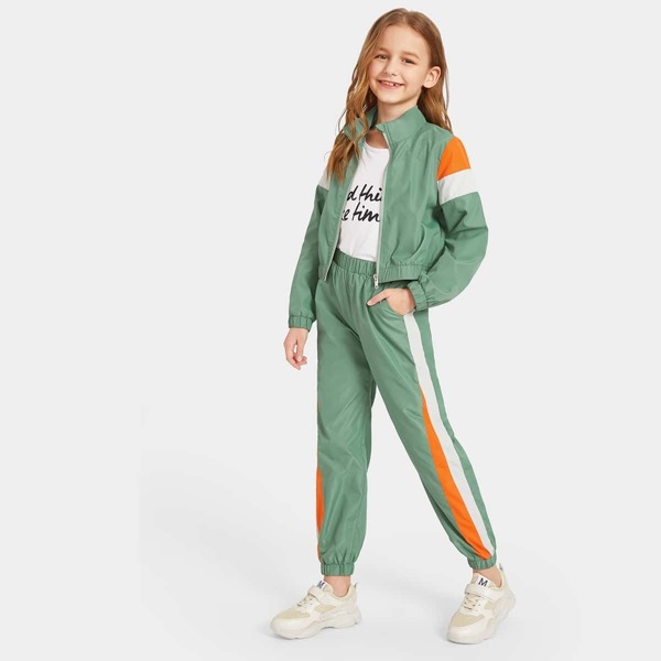 

Girls Zip Up Color Block Jacket & Pants Set