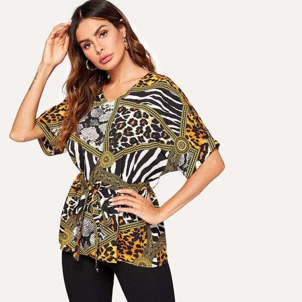 

Animal Print Belted Top