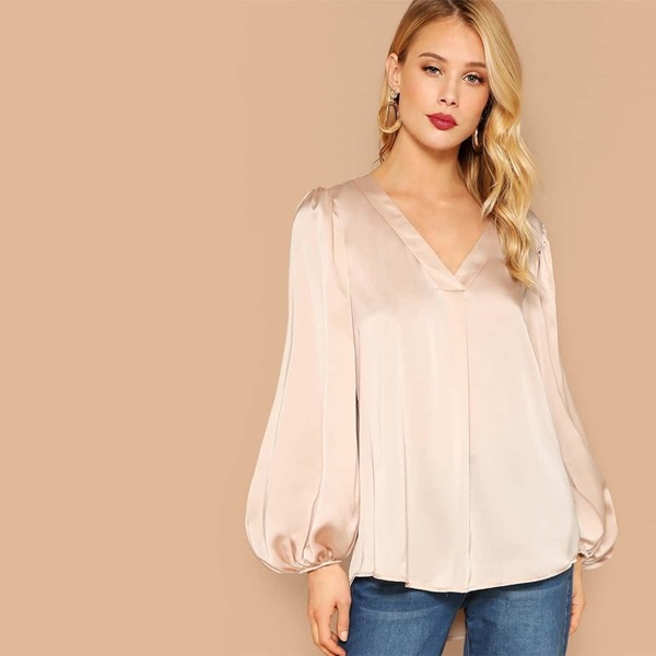 

Lantern Sleeve Curved Hem Satin Blouse, Gold pastel