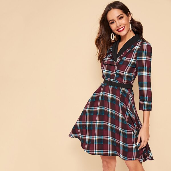 

40s Shawl Collar Plaid Dress With Belt
