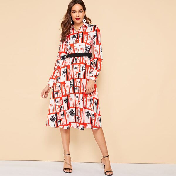 

80s Coconut Tree Half Button Midi Shirt Dress, Multicolor