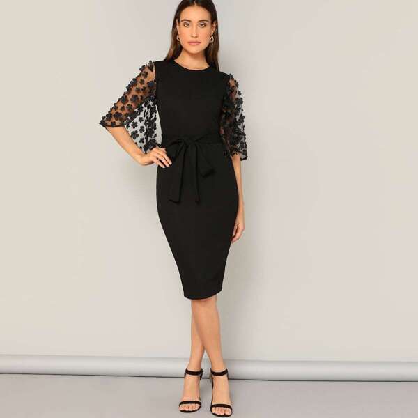 

Flower Applique Mesh Sleeve Belted Pencil Dress, Black