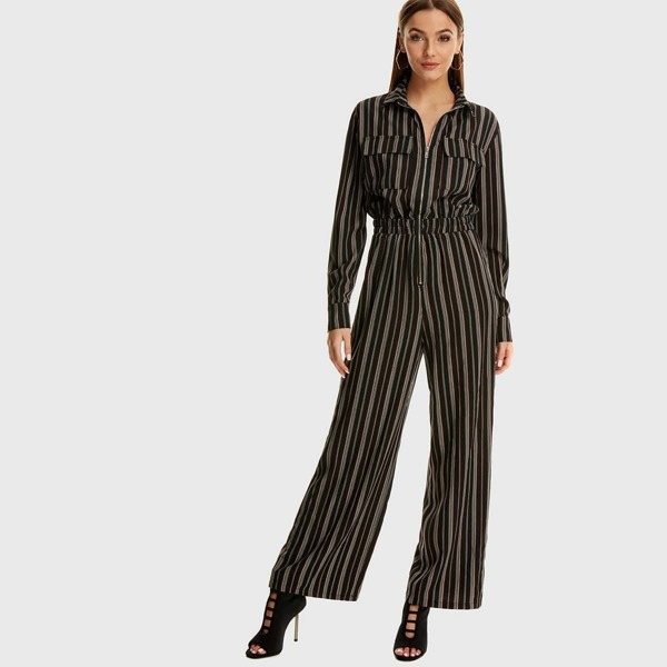 

Zip & Pocket Front Elastic Waist Stripe Jumpsuit, Multicolor