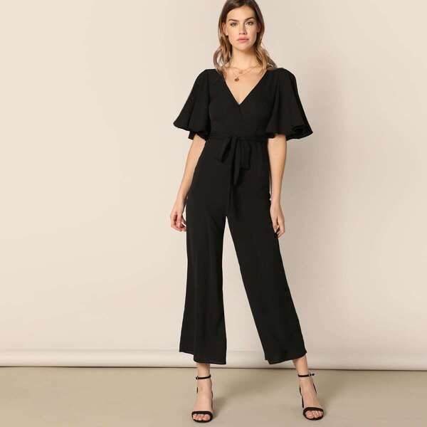 

Surplice Neck Flutter Sleeve Wide Leg Jumpsuit, Black