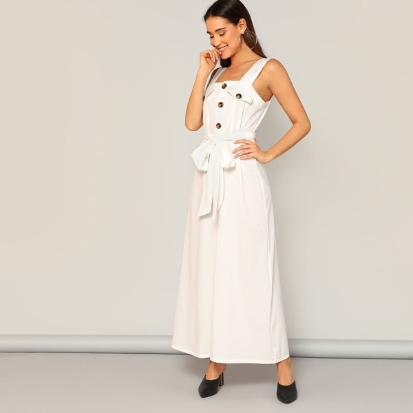 

Thick Strap Half Placket Belted Super Wide Leg Jumpsuit