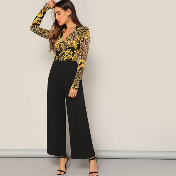 

Scarf Print Surplice Neck Jumpsuit, Multicolor