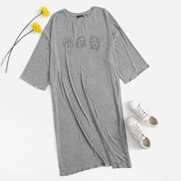 

Plus Figure Print Rib-knit Nightdress
