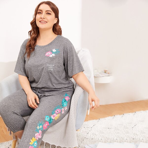 

Plus Pocket Front Floral Top & Pants PJ Set, Grey