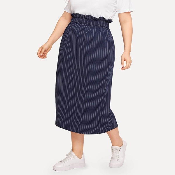 

Plus Paperbag Waist Pinstripe Split Skirt, Navy