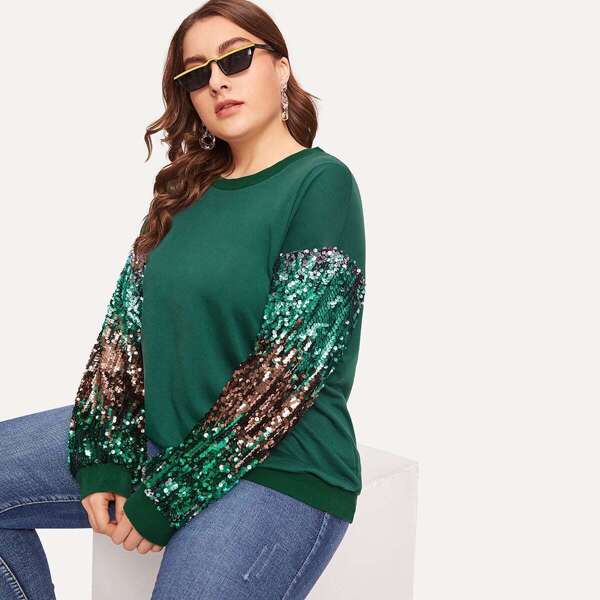 

Plus Drop Shoulder Sequin Sleeve Pullover