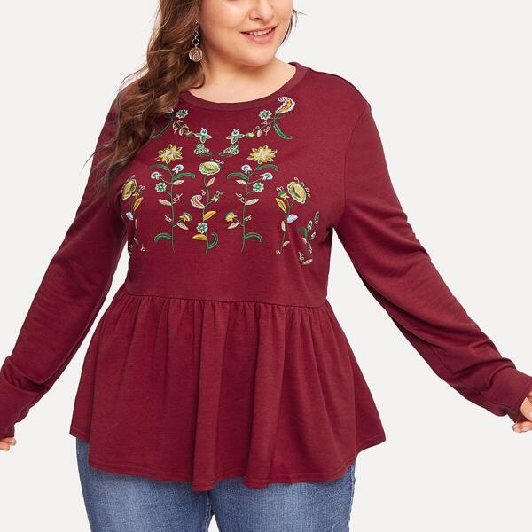 

Plus Botanical Embroidered Peplum Sweatshirt