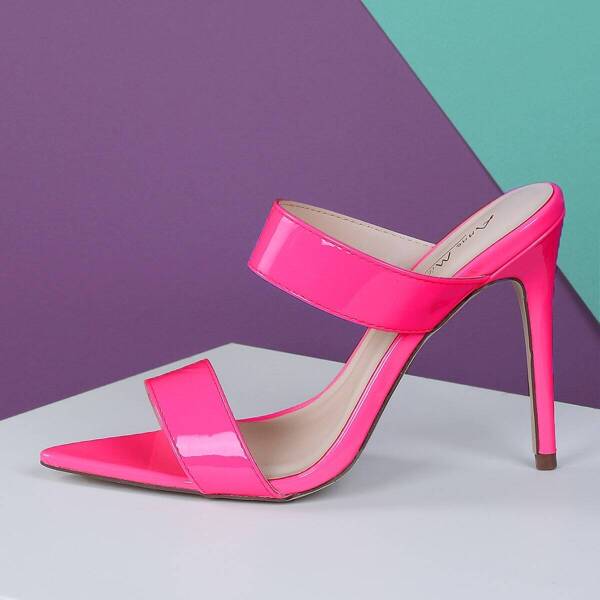 

Pointy Toe Thick Strap Slide On Stiletto Heels, Pink bright
