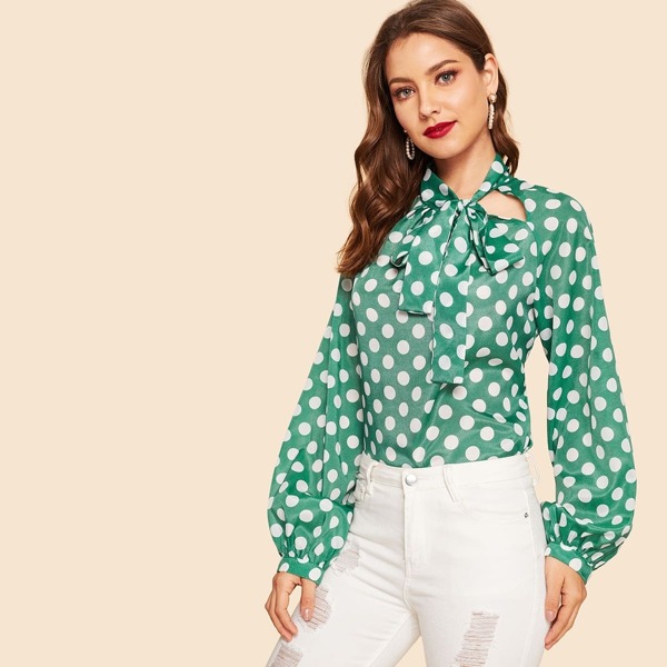

Tie Neck Polka Dot Print Lantern Sleeve Top