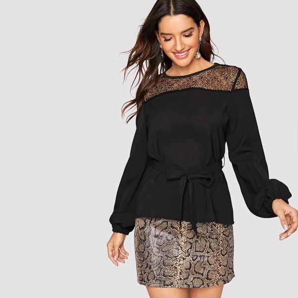 

Guipure Lace Shoulder Belted Blouse
