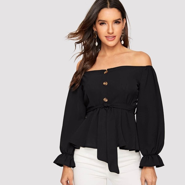 

Off Shoulder Button Front Belted Top