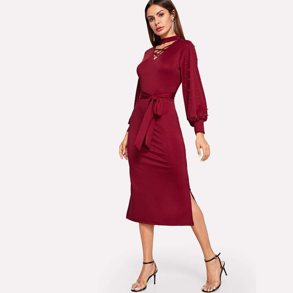 

Crisscross Choker Neck Beaded Sleeve Belted Dress