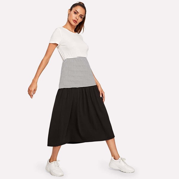 

Cut & Sew Striped Spliced Smock Dress