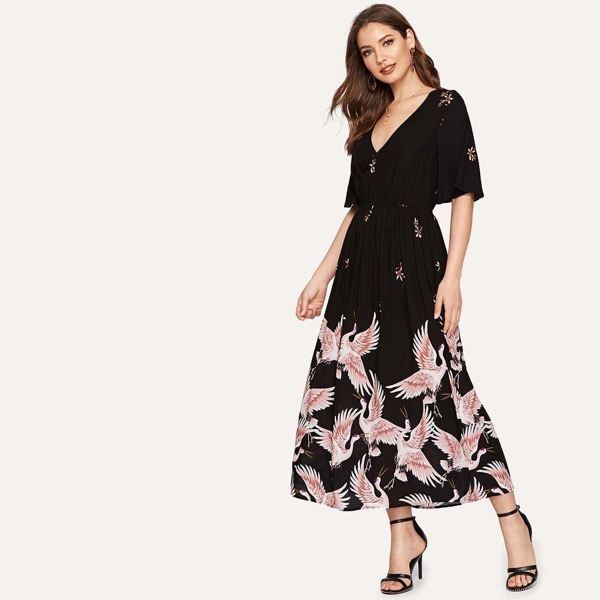 

Flutter Sleeve Crane Print Dress