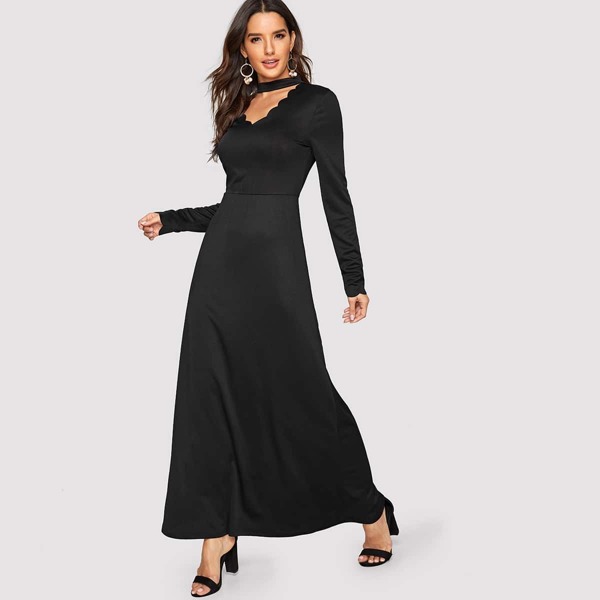 

Choker Neck Scallop Trim Maxi Dress