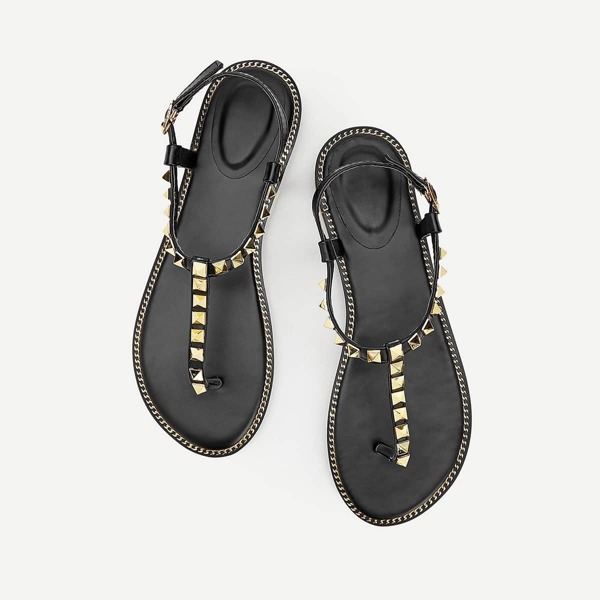 

Studded Decor Toe Post Flat Sandals, Black