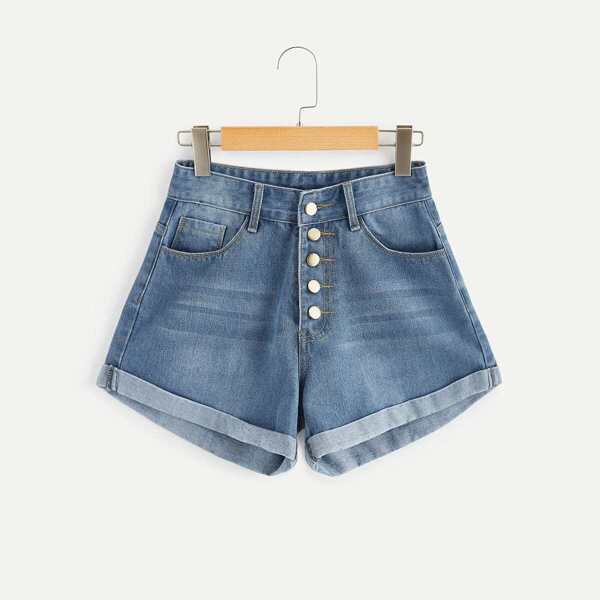 

Button Front Roll Hem Denim Shorts, Blue