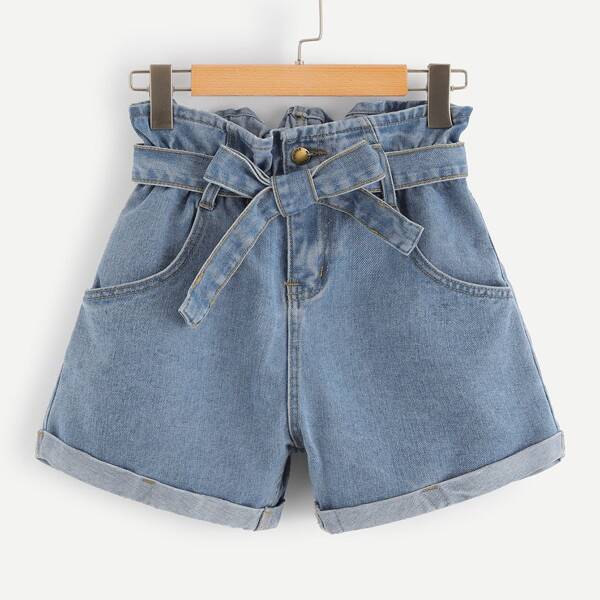 

Self Belted Rolled Hem Denim Shorts, Blue