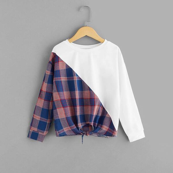 

Girls Knot Front Color-block Plaid Tee