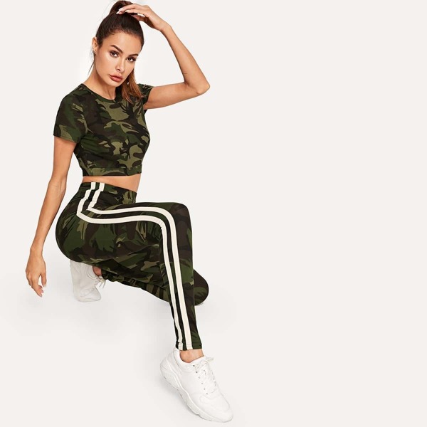 

Crop Camo Top & Striped Tape Side Leggings, Multicolor