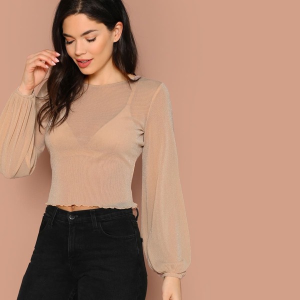 

Blouson Sleeve Lettuce Trim Glitter Top Without Bra