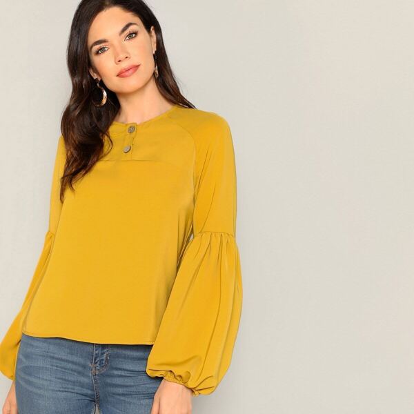 

Half Button Lantern Sleeve Solid Top, Yellow