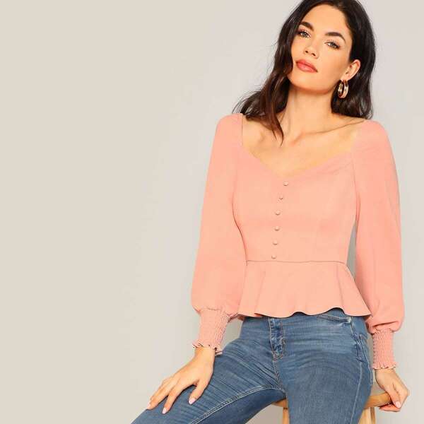 

Shirred Cuff Button Front Peplum Tea Top, Pink