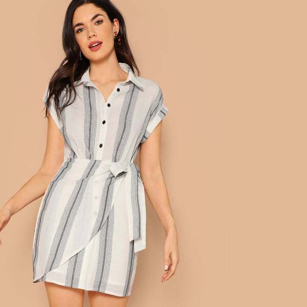 

Half Button Self Tie Wrap Striped Dress, White