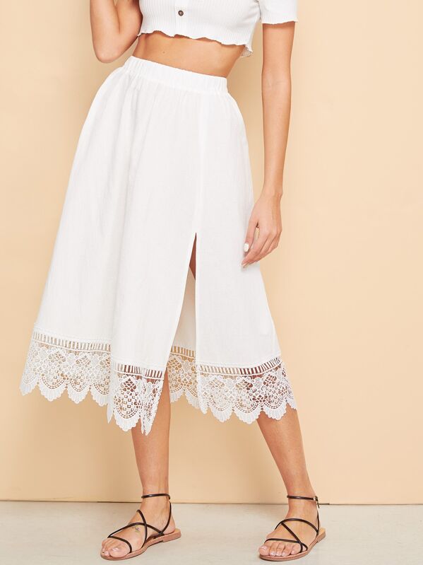 

Elastic Waist Lace Hem Split Skirt, White, Giulia